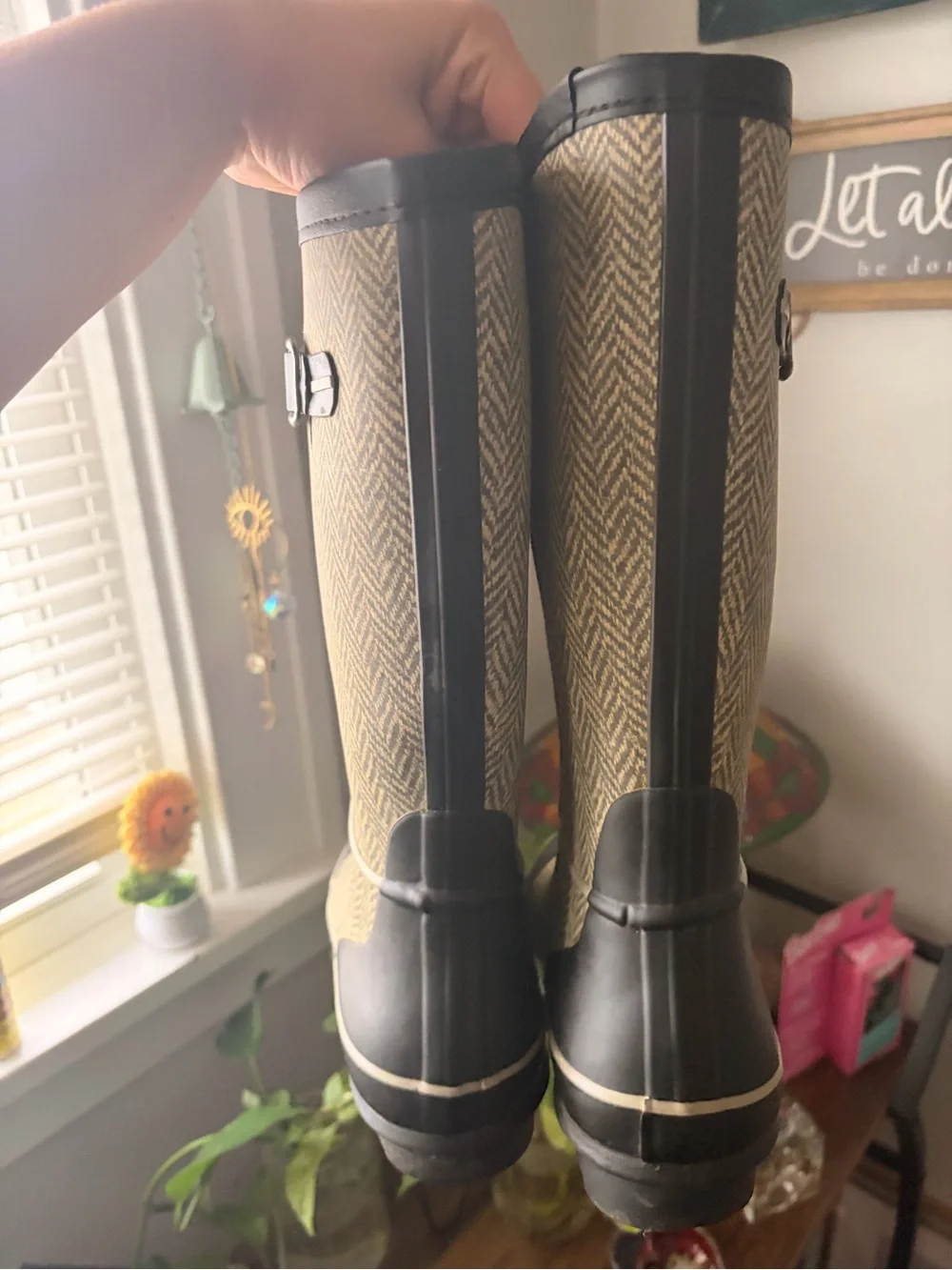 Women's Tan Herringbone Waterproof Winter Rain Boots